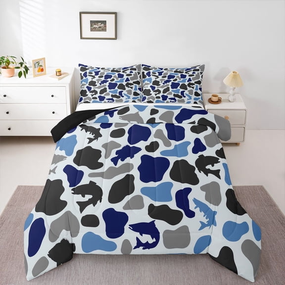 Feelyou Hunting Bass Fish Teen Twin Comforter Sets, Polkadots Camouflage Bedding Set, 2pcs