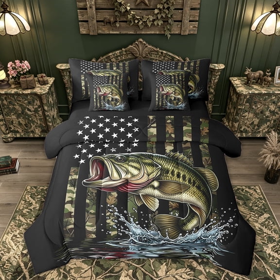 Feelyou Hunting Bass Fish Wildlife Twin Bedding Sets for Men Boys, Rustic American Flag Bedding Comforter Set, Rust Black Green, Black Reversible, 7pcs