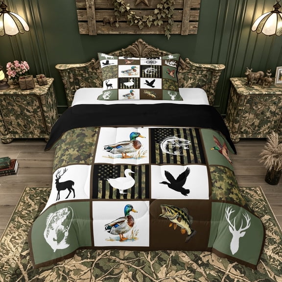 Feelyou Hunting Deer Bass Fish Animal Twin Comforter Sets for Men Boys, Rustic Woodland Plaid Bedding Set, Green Brown, Black Reversible, 2pcs