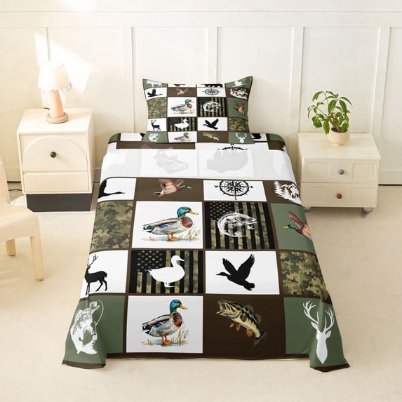 Feelyou Hunting Deer Bass Fish Animal Twin Sheet Sets for Men Boys, Rustic Woodland Plaid Bedding, Green Brown, 3pcs