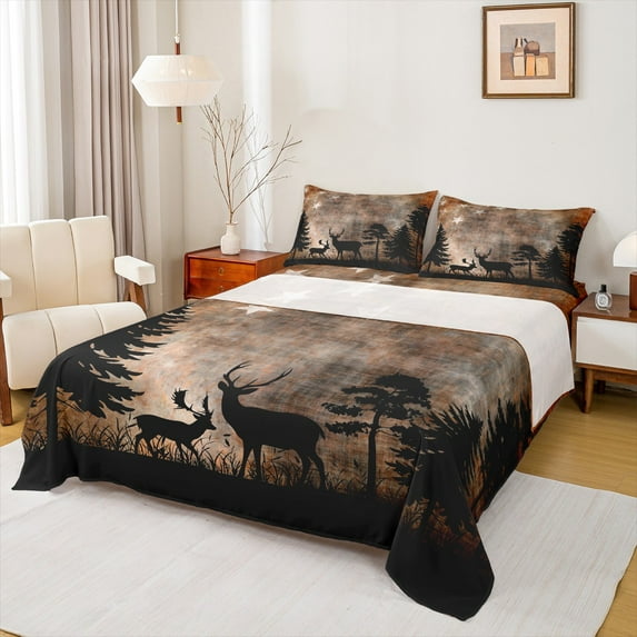 Feelyou Hunting Deer Queen Sheet Sets, Woodland Elk Moose Reindeer Flat Sheet, Grunge Brown Jungle Queen Fitted Sheet