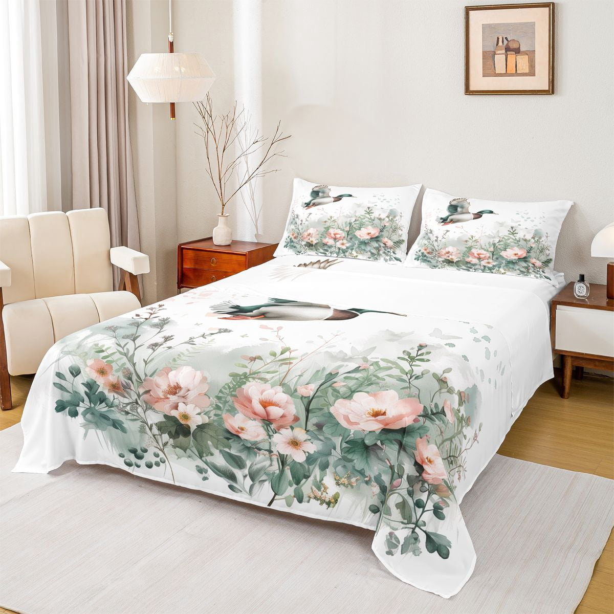 Rustic Sheet Feelyou Hunting Duck Full Size Sheets, Watercolor Flower Floral Bed ...