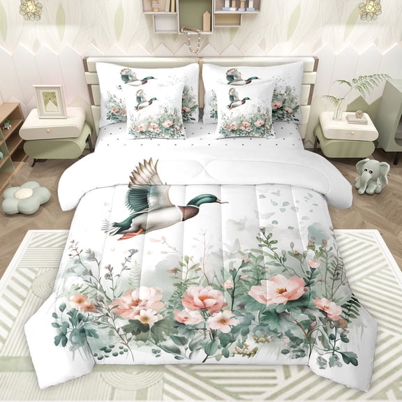 Feelyou Hunting Duck Twin Bedding Sets 7-Piece, Watercolor Flower Floral Bedding Comforter Set, Rustic Plant Botanical Reversible Sheet Sets, Ultra Soft Bedroom Decor