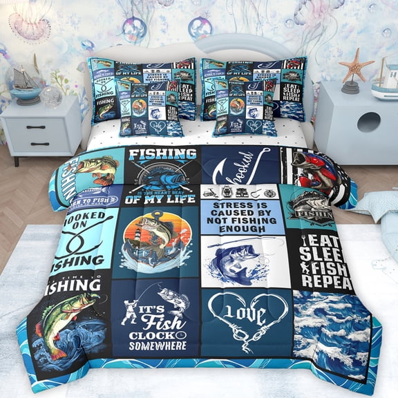 Feelyou Hunting and Fishing Bedding Comforter Set 7pcs, Rustic Pike Fish Queen Bedding Sets, Vintage Blue Patchwork Queen Sheet Sets, Super Cozy Room Decor