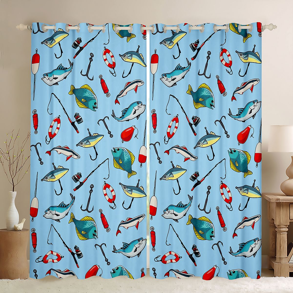 Feelyou Hunting and Fishing Black Out Curtains, Cartoon Pike Fish Curtains Pack of 2 (42x63 Each), Teens Kids Boys Girls Bedroom Curtains, Living Room Curtains Decor