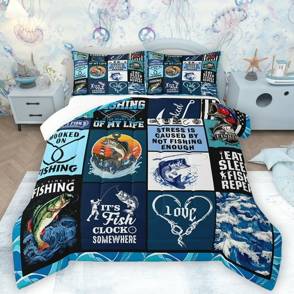 Feelyou Hunting and Fishing Queen Comforter Set, Rustic Pike Fish Bedding Sets, Vintage Blue Patchwork Bedding Comforter Set, Super Cozy Room Decor, 3-Piece