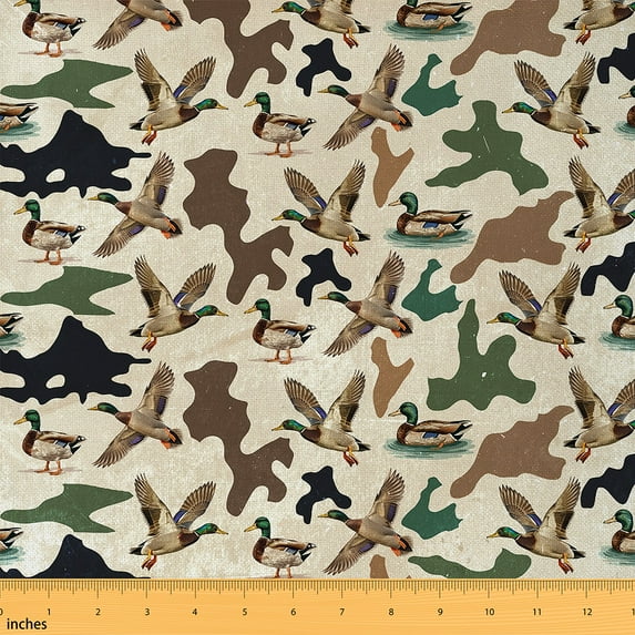 Feelyou Hunting Mallard Duck Fabric by the Yard 10 Yards, Rustic Farmhouse Home Decor Fabric by the Yard, Geometric Camouflage Sewing Fabric, Light Brown Green Room Decor