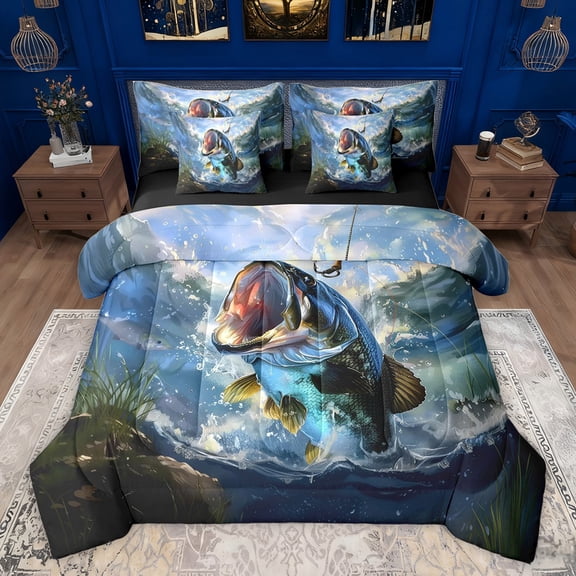 Feelyou Hunting Pike Fish Bedding Comforter Set 7 Pieces for Men, Western Lodge Cabin Full Bedding Set, Rustic Farmhouse Theme Reversible Fitted Sheet Flat Sheet, Microfiber Bedroom Decor