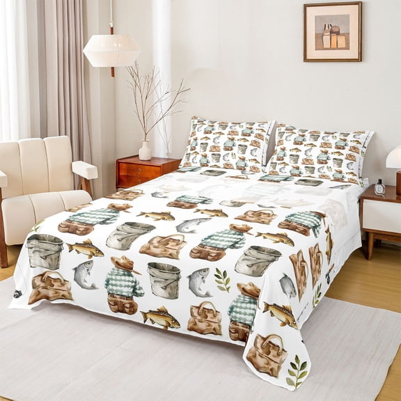 Feelyou Hunting Pike Fish Full Size Sheets, Happy Camping Theme Bed Sheets, 4-Piece