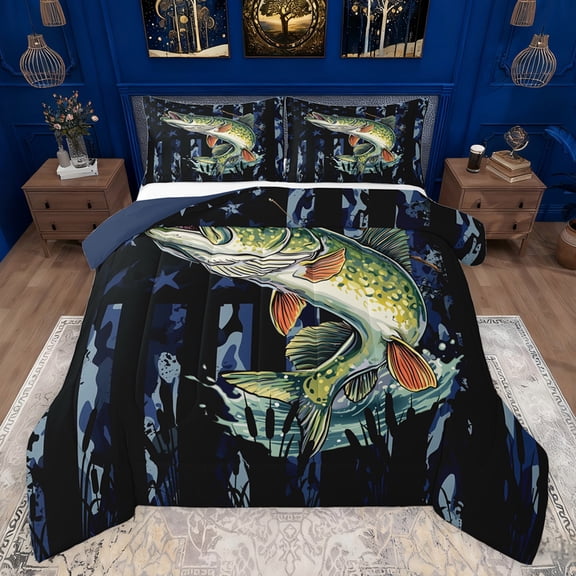 Feelyou Hunting Pike Fish Queen Comforter Set, Retro Blue Camouflage Bedding Sets, Rustic Farmhouse Cabin Reversible Bedding Comforter Set, Microfiber Bedroom Decor, 3 Pieces