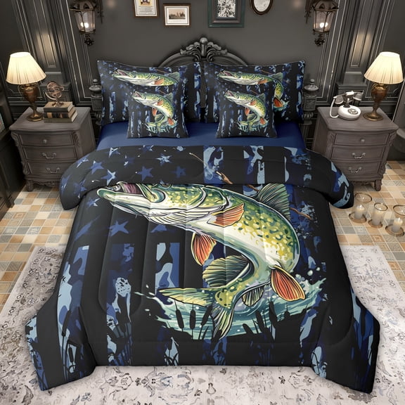 Feelyou Hunting Pike Fish Twin Bedding Sets 7-Piece, Retro Blue Camouflage Bedding Comforter Set, Rustic Farmhouse Cabin Reversible Sheet Sets, Microfiber Bedroom Decor