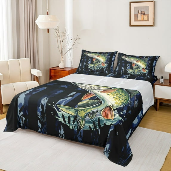 Feelyou Hunting Pike Fish Twin Sheet Sets, Retro Blue Camouflage Twin Fitted Sheet, Rustic Farmhouse Cabin Flat Sheet, Microfiber Bedroom Decor, 3 Pieces