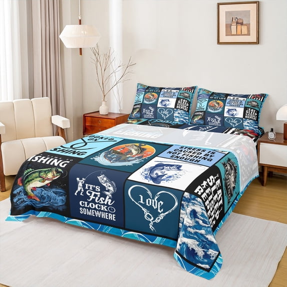 Feelyou Hunting and Fishing Queen Sheet Sets, Rustic Pike Fish Flat Sheet, Vintage Blue Patchwork Queen Fitted Sheet, Super Cozy Room Decor, 4-Piece