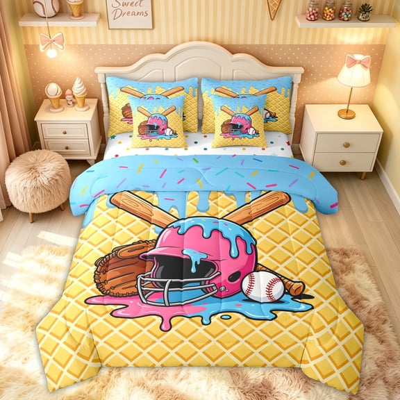 Feelyou Ice Cream Baseball Helmet Twin Bedding for Kids, Waffle Sprinkle Drip Art Bedding Comforter Set, Polkadot Reversible, 7 Pieces