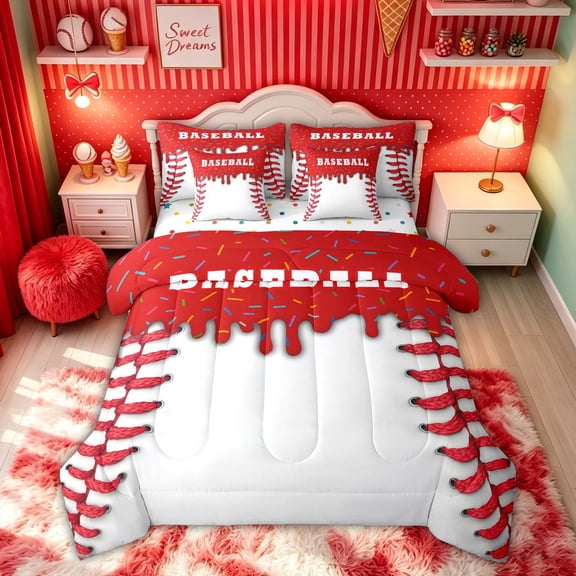 Feelyou Ice Cream Baseball Twin Bedding for Kids, Candy Sprinkle Dripping Bedding Comforter Set, Polkadot Reversible, 7-Piece