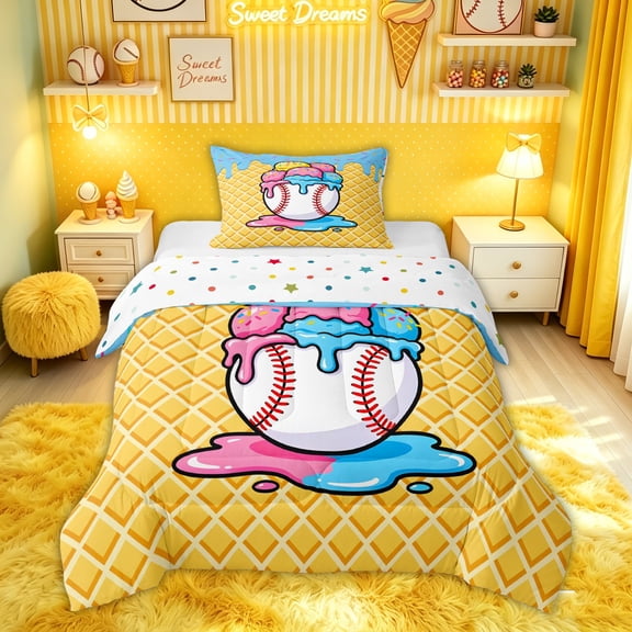 Feelyou Ice Cream Baseball Twin Comforter Sets for Kids, Kawaii Waffle Drip Print Bedding Set, Polkadot Reversible, 2-Piece, 1 Comforter and 1 Pillowcase