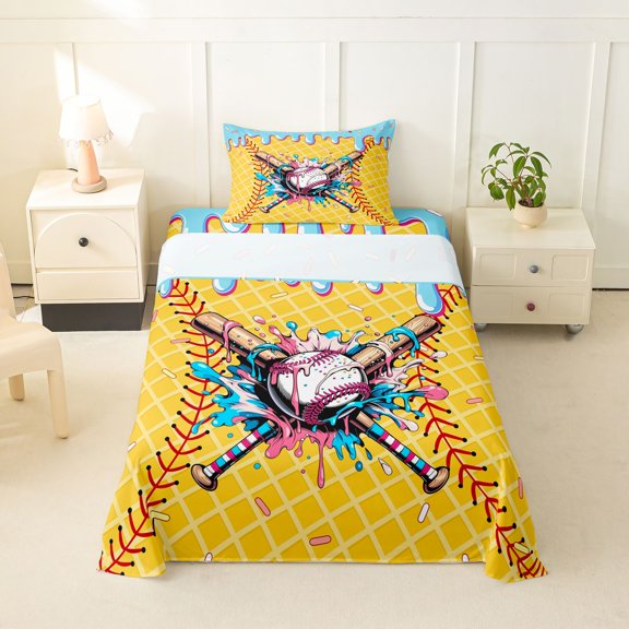 Feelyou Ice Cream Baseball Twin Sheets for Girls, Dripping Waffle Bat Bedding, Blue Yellow, 3pcs, 1 Flat Sheet, 1 Fitted Sheet and 1 Pillowcase