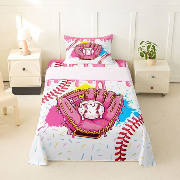 Feelyou Ice Cream Baseball Twin Sheets for Kids, Pink Glove and Ball Art Bedding, 3pcs, 1 Flat Sheet, 1 Fitted Sheet and 1 Pillowcase