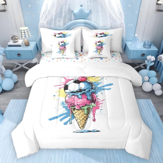 Feelyou Ice Cream Football Bedding Comforter Set 7pcs, Watercolor Artwork Full Bedding Set