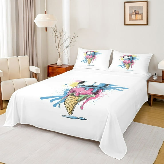 Feelyou Ice Cream Football Queen Sheet Sets, Watercolor Artwork Bed Set, 4 Pieces