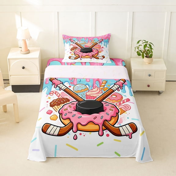 Feelyou Ice Cream Hockey Drip Twin Sheets for Kids, Pink Donut Stick Sport Bedding, 3-Piece, 1 Flat Sheet, 1 Fitted Sheet and 1 Pillowcase