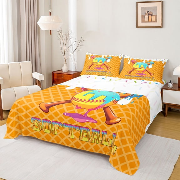 Feelyou Ice Cream Softball Bed Sheets for Girls, Orange Waffle Dessert Drip Full Size Sheets, 4 Pieces, 1 Flat Sheet, 1 Fitted Sheet and 2 Pillowcases