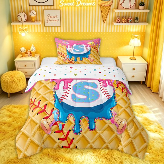 Feelyou Ice Cream Sprinkle Baseball Twin Comforter Sets for Kids, Pink Dripping Initial S Letter Bedding Set, Polkadot Reversible, 2pcs, 1 Comforter and 1 Pillowcase