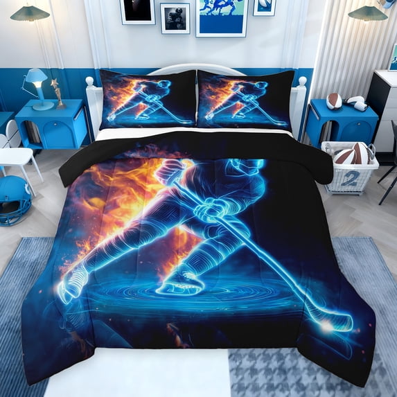 Feelyou Ice Hockey Athlete Full Size Comforter Sets, Fire and Water Bedding Comforter Set, Modern Sports Theme Reversible Bedding Sets, Microfiber Bedroom Decor, 3-Piece