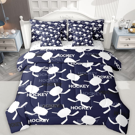 Feelyou Ice Hockey Athlete Twin Bedding Sets 7-Piece for Teens, Vintage Sports Lover Bedding Comforter Set, Navy Cartoon Print Reversible Sheet Sets, Ultra Soft Bedroom Decor