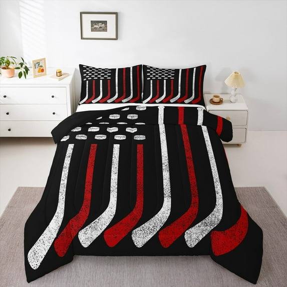 Feelyou Ice Hockey Lover Full Size Comforter Sets for Boys, Sports Player Bedding Comforter Set, Vintage American Flag Reversible Bedding Sets, Lightweight Room Decor, 3-Piece