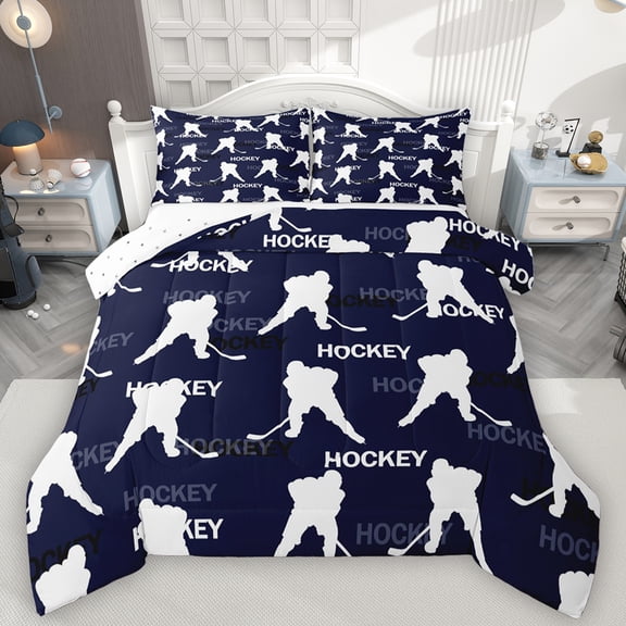 Feelyou Ice Hockey Lover Kids Bedding Comforter Set, Modern Ball Athlete Twin Comforter Sets, Cartoon Sports Theme Reversible Bedding Set, Super Cozy Room Decor, 2 Pieces