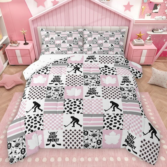 Feelyou Ice Hockey Player Queen Comforter Set for Child, Ball Sports Bedding Sets, Kawaii Pink Cartoon Reversible Bedding Comforter Set, Microfiber Bedroom Decor, 3-Piece