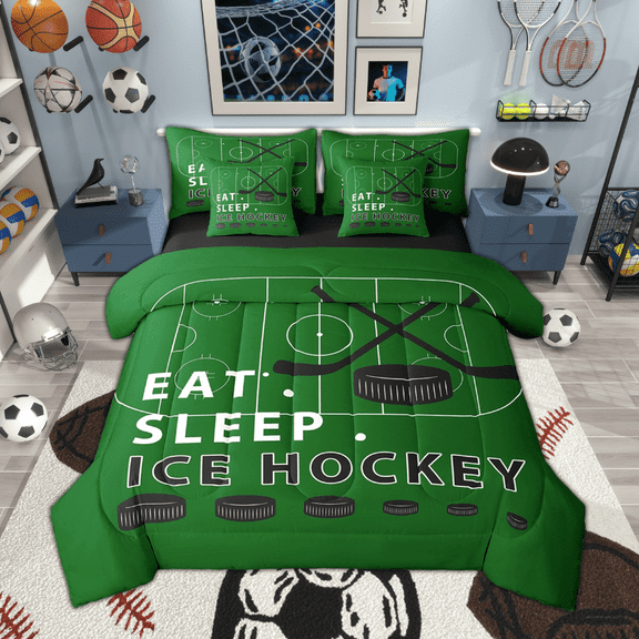 Feelyou Ice Hockey Theme Twin Bedding Sets 7pcs Boys, Teens Sport Bedding Comforter Set, Black and Green Sheet Sets, Child Room Decor