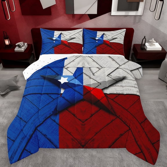 Feelyou Independence Day Teens Bedding Comforter Set, Blue Red Stars Twin Comforter Sets, Countryside Wooden Plank Reversible Bedding Set, Lightweight Room Decor, 2pcs