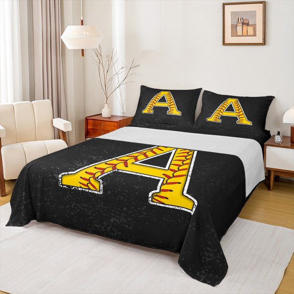 Feelyou Initial A Letter Bed Sheets for Kid, Cartoon Monogrammed King Sheets, Baseball Sports Lover Sheet Set, Microfiber Bedroom Decor, 4 Pieces