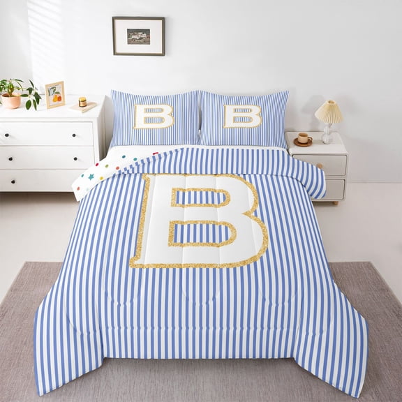 Feelyou Initial B Letter Bedding Comforter Set for Kid, Fashion Stripes Ombre Twin Comforter Sets, Fairy Tale Princess Reversible Bedding Set, Lightweight Room Decor, 2pcs