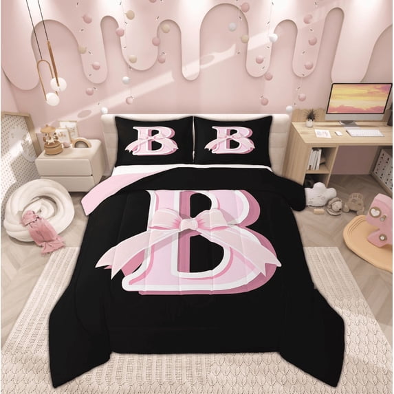Feelyou Initial B Letter Bedding Sets Full with Comforter, Princess Bow Duvet Insert, Pink Monogrammed Reversible Down Comforter, Microfiber Room Decor, 3-Piece