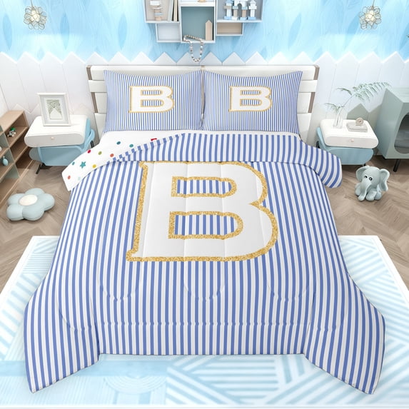 Feelyou Initial B Letter Full Size Comforter Sets for Kid, Fashion Stripes Ombre Bedding Comforter Set, Fairy Tale Princess Reversible Bedding Sets, Lightweight Room Decor, 3pcs