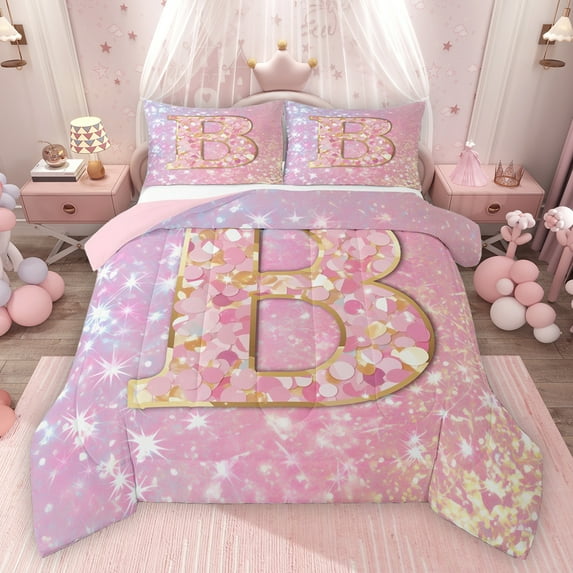 Feelyou Initial B Letter Queen Comforter Set for Kids, Girly Pink Cartoon Bedding Sets, Fashion Bling Stars Reversible Bedding Comforter Set, Ultra Soft Bedroom Decor, 3 Pieces