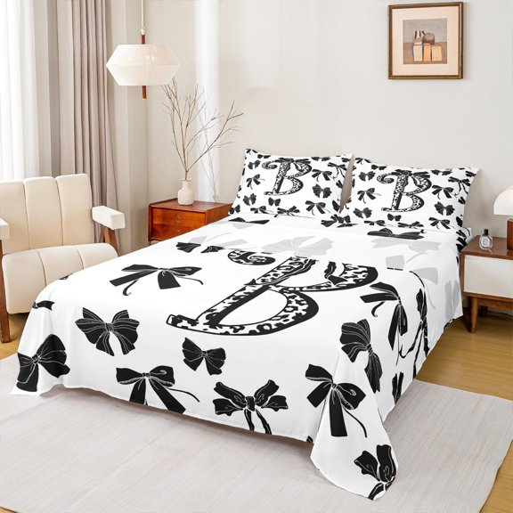 Feelyou Initial B Letter Twin Sheet Sets, Black Gothic Bow-tie Bowknot Twin Fitted Sheet, Teens Kids Girls Women Flat Sheet, Super Cozy Room Decor, 3pcs