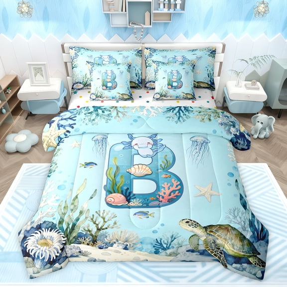 Feelyou Initial B Twin Bedding Sets 7pcs, Ocean Axolotl Sea Turtle Animal Comforter Set
