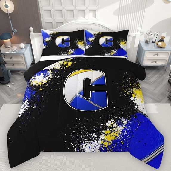 Feelyou Initial C Letter Bedding Comforter Set, Blue Watercolor Artwork Twin Comforter Sets, Cartoon Basketball Print Reversible Bedding Set, Breathable Home Decor, 2pcs