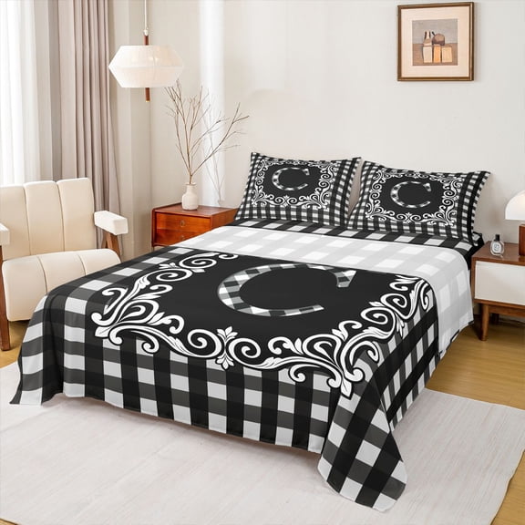 Feelyou Initial C Letter Queen Sheet Sets, Hippie Tribal Mandala Flat Sheet, Simple Fashion Checkered Queen Fitted Sheet, Super Cozy Room Decor, 4pcs