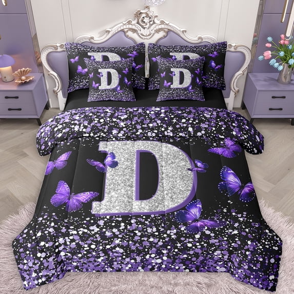Feelyou Initial D Letter Bedding Comforter Set 7pcs, Sequin Print Monogrammed King Bedding Sets, Dreamy Purple Butterfly Reversible Bed Sheets, Ultra Soft Bedroom Decor