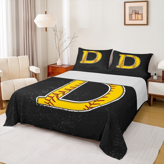 Feelyou Initial D Letter Full Size Sheets for Kid, Cartoon Monogrammed Bed Sheets, Baseball Sports Lover Sheet Sets, Super Cozy Room Decor, 4 Pieces