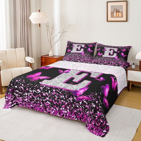 Feelyou Initial E Letter Bed Sheets, Sequin Print Monogrammed King Sheets, Romantic Pink Butterfly Sheet Set, Lightweight Room Decor, 4 Pieces
