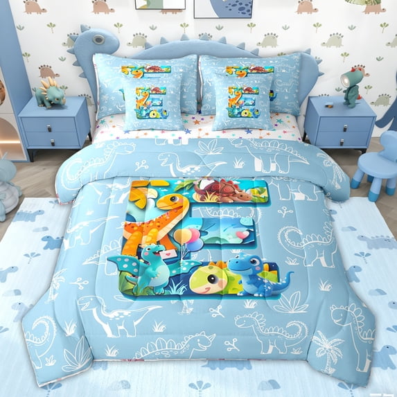 Feelyou Blue Initial E Letter Bedding Comforter Set, Kawaii Dinosaur Full Bedding Set, Teen Boy Girl Kid Colorful Stars Reversible, 7pcs