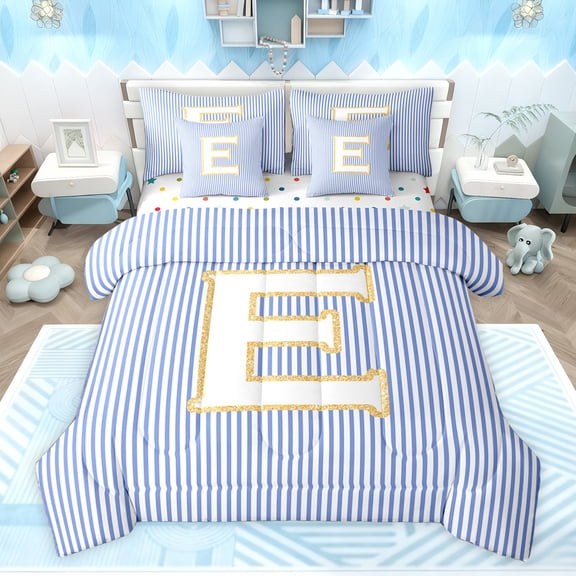 Feelyou Initial E Letter Bedding Comforter Set 7 Pieces for Kid, Fashion Stripes Ombre Full Bedding Set, Fairy Tale Princess Reversible Fitted Sheet Flat Sheet, Breathable Home Decor