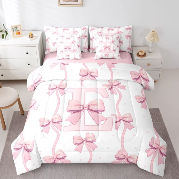 Feelyou Initial E Letter Bedding Comforter Set 7pcs, Bow-tie King Bedding Sets