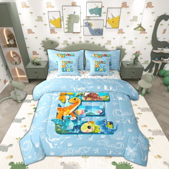 Feelyou Initial E Letter Bedding Comforter Set 7pcs, Kawaii Dinosaur King Bedding Sets, Teen Boy Girl Kid Reversible Bed Sheets, Luxury Bedroom Decor, 3-Piece